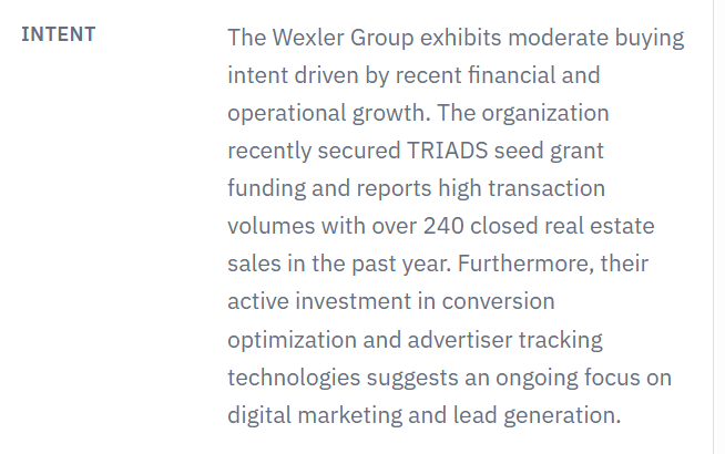 An Eaglecross intent summary explaining a company's moderate buying intent from recent seed grant funding, 240+ closed sales in the past year and new marketing-tracking tools