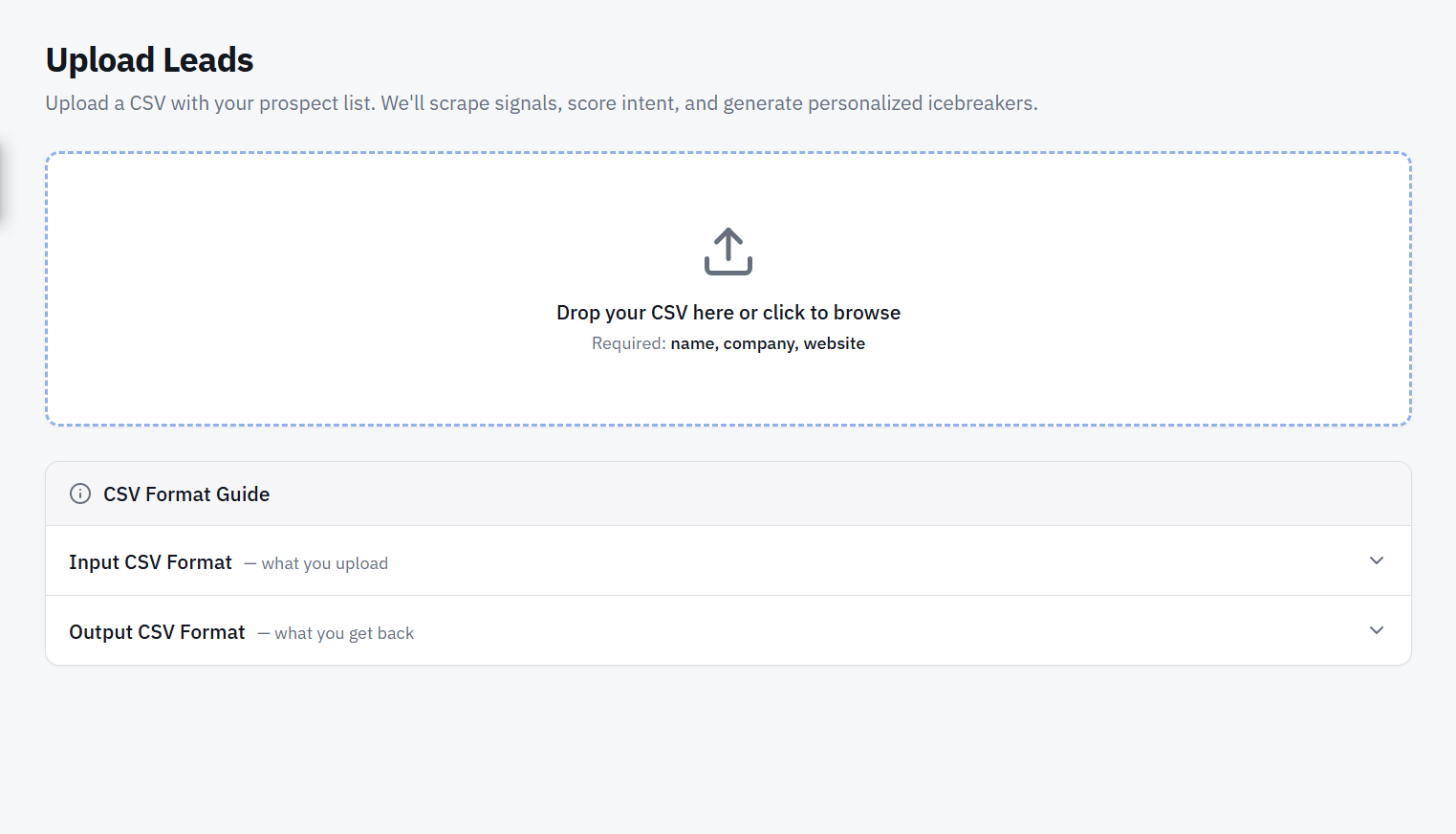 Eaglecross Upload Leads screen: a drop zone for a CSV file that requires name, company and website columns