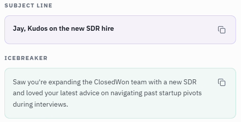A generated subject line, "Jay, Kudos on the new SDR hire", and an icebreaker that mentions the prospect's new SDR hire